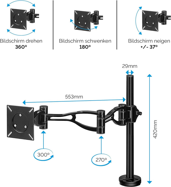 Fellowes Monitorarm Vista für 1 Bildschirm - Schwenkarm zur Befestigung mit Klemme/am Kabeldurchlass