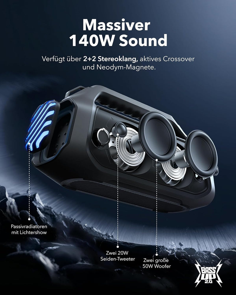 soundcore Boom 2 Plus Outdoor Lautsprecher, 140W, 2+2 Channel, BassUp 2.0, 20h, Schnellladung, IPX7