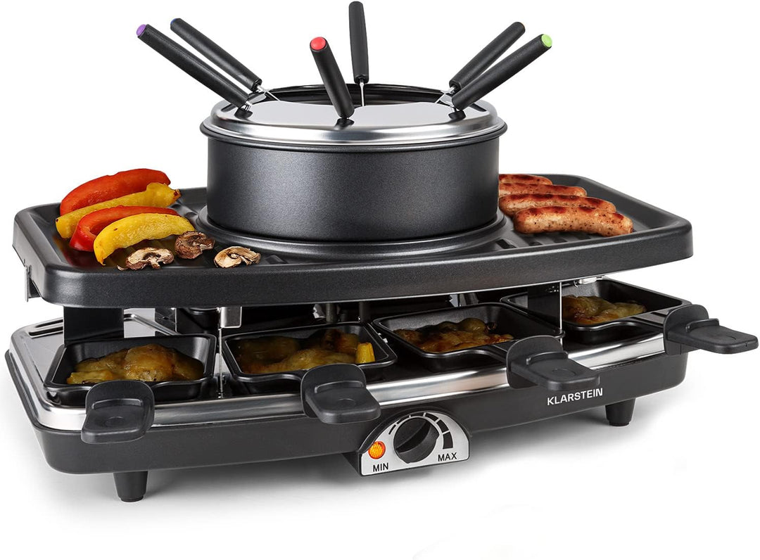 Klarstein Entrecote Raclette - Fondue, Tischgrill, Partygrill, 1100 Watt, 8 Pfännchen, Antihaftbesch