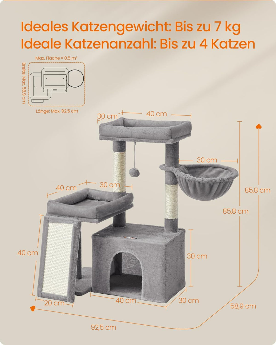 Feandrea Kratzbaum, Katzenbaum mit Kratzsäulen, Rampe, Katzenkratzbaum, 2 grosse Plattformen, Höhle