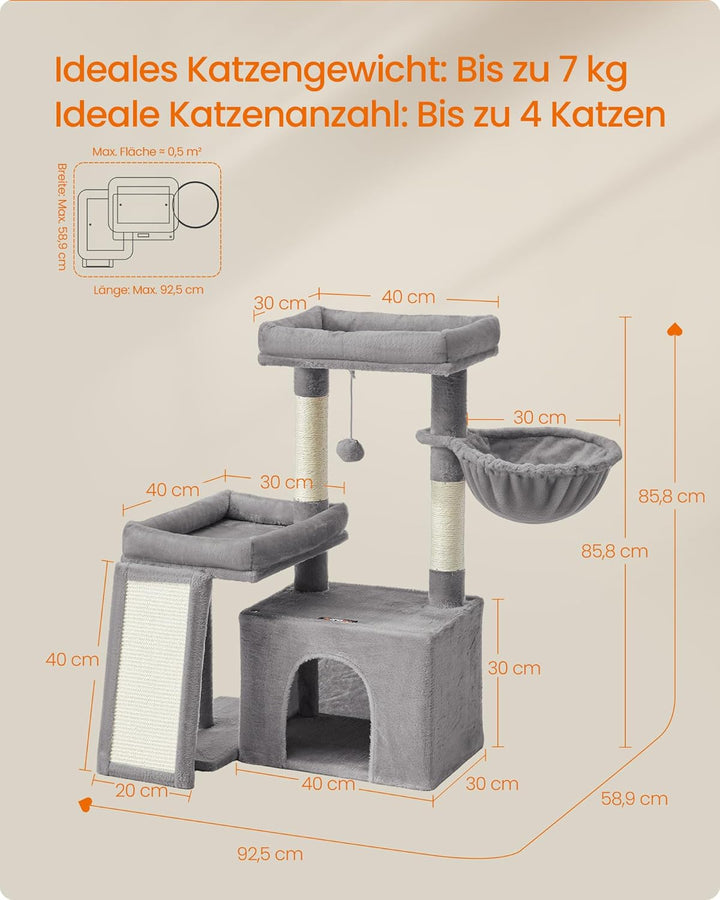 Feandrea Kratzbaum, Katzenbaum mit Kratzsäulen, Rampe, Katzenkratzbaum, 2 grosse Plattformen, Höhle