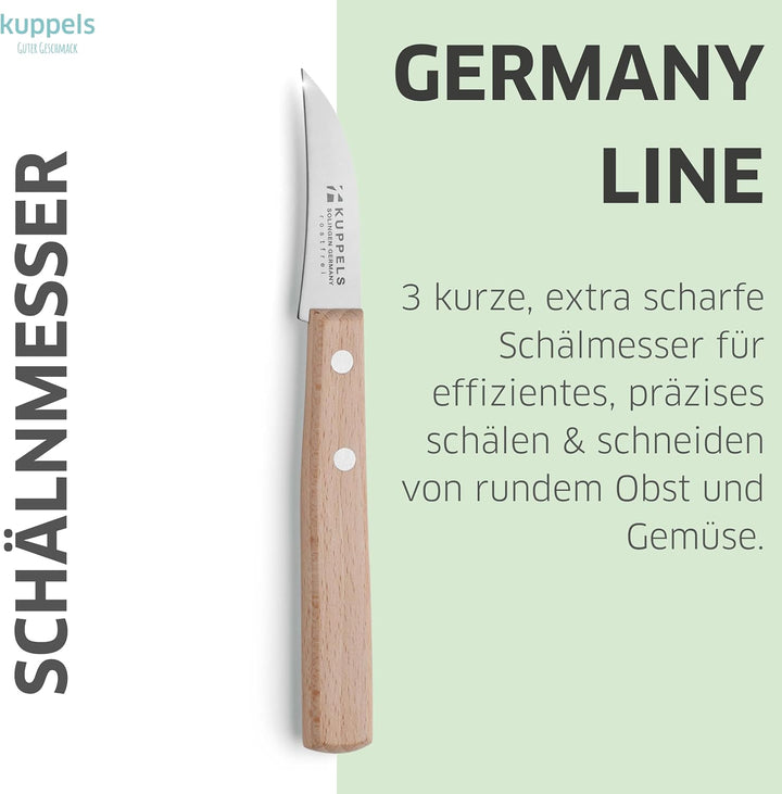 Kuppels Schälmesser Set 3-tlg, gebogene Klingen, Buchenholzgriff | Tourniermesser, Kartoffelschäler