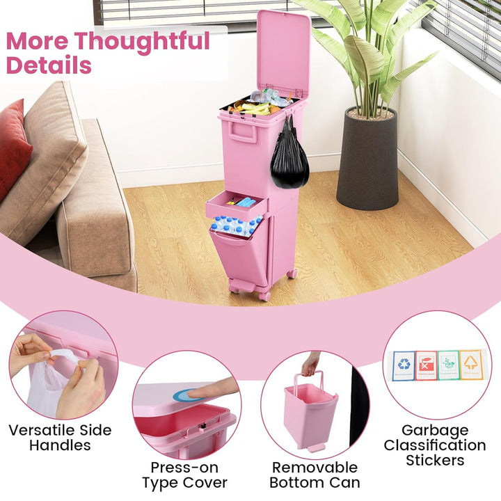 COSTWAY Mülleimer 3 Fächer, 32L Abfalleimer mit neigbarem Behälter, Schublade & Aufkleber, Tretmülle