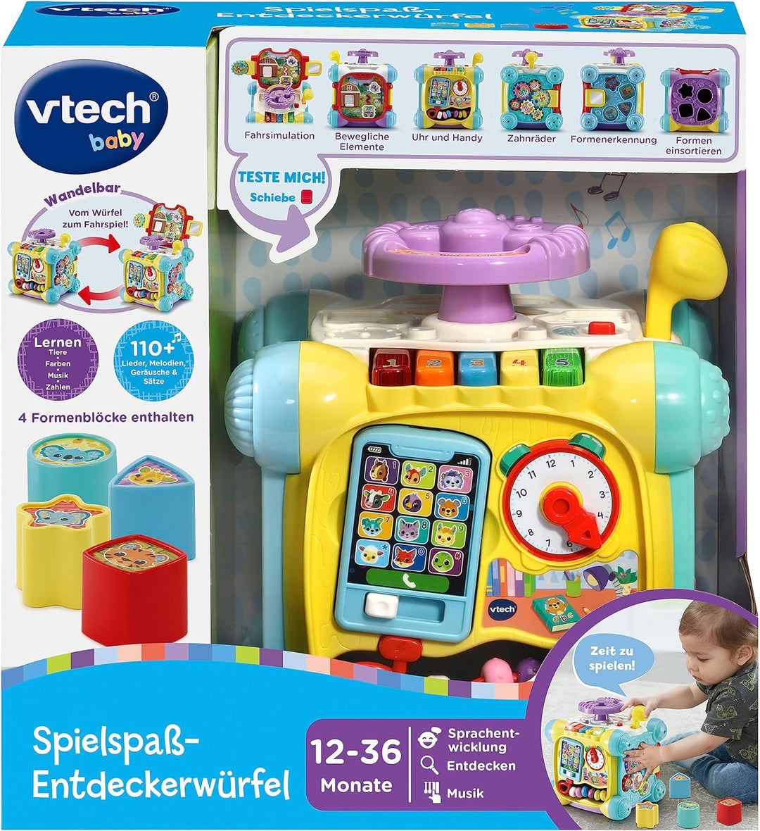 VTech Baby Spielspass-Entdeckerwürfel – Interaktiver Spielwürfel mit Musik, Formen und beweglichen E