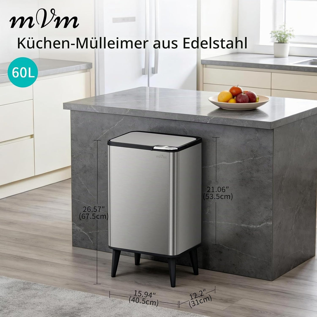 mVm Küchen &amp; Büromülleimer 60L, Edelstahl, Rechteckig, Mit Deckel &amp; Geruchsfilter, Sanftschliessend