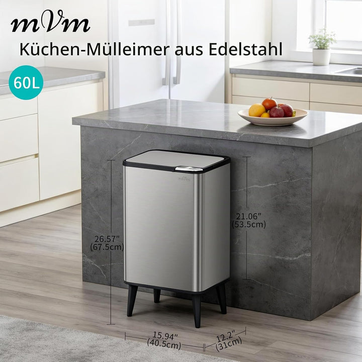 mVm Küchen &amp; Büromülleimer 60L, Edelstahl, Rechteckig, Mit Deckel &amp; Geruchsfilter, Sanftschliessend