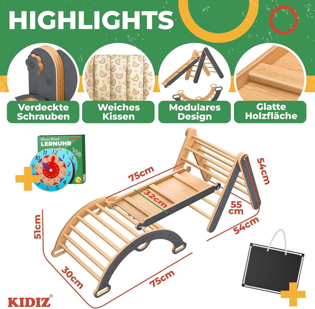 Kidiz® Klettergerüst Montessori 7in1 Spiel-Set mit Kletterbogen Rutsche Kletterdreieck aus Holz inkl