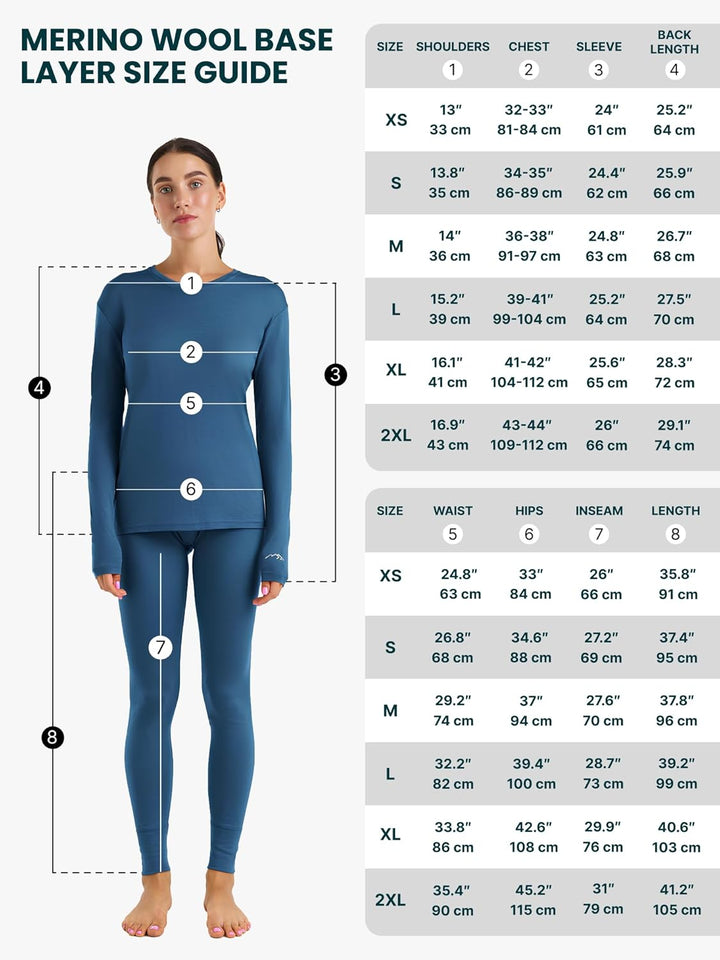100% Merino Unterwäsche Damen Set - Leicht, Mittelgewicht, Funktionsunterwäsche Merinowolle, Langarm