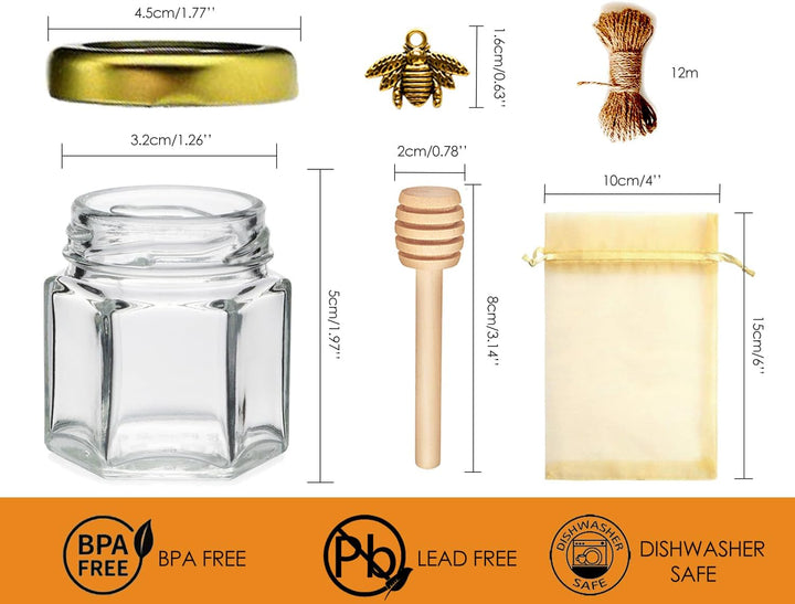 Ahhute 20er-Pack 1,5 oz Sechseckige Mini Honigglas mit Honiglöffel, Goldenen Deckeln, Bienenanhänger