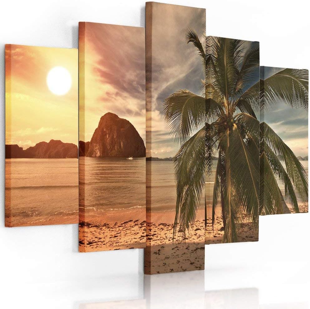 Feeby Frames, Leinwandbild Bilder Wand Bild - 5 Teile - Wandbilder Kunstdruck (PALME, SONNENUNTERGAN