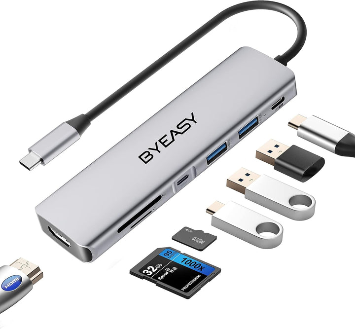 BYEASY USB C Hub, 7IN1 Docking Station, 4K HDMI, 100W PD, Typ-A/C 3.0 5Gbps, SD/TF Kartenleser, Ultr