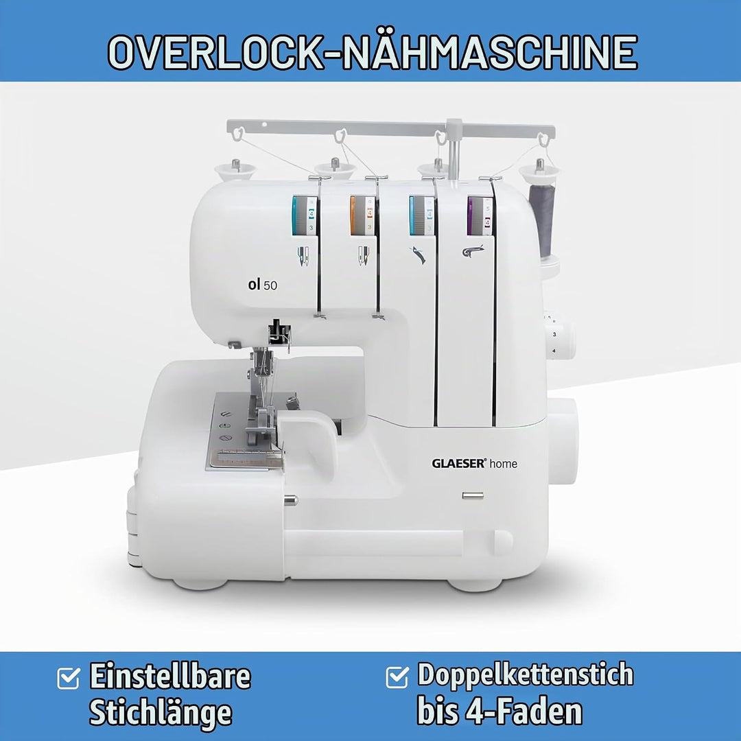 GLAESERhome | Overlock Nähmaschine ol 50 | Näht u. Schneidet in einem Arbeitsschritt | Overlock Masc