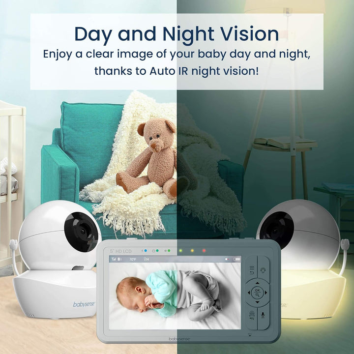 Babysense 5" HD-Babyphone mit Kamera und Audio, Fernbedienung Schwenk- und Neigefunktion, Verstellba