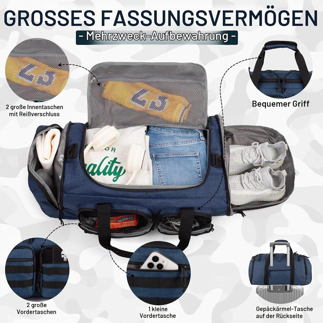 Taktische Sporttasche für Herren, 50L Grosse 3-in-1-Sport-Reisetasche mit Schuhfach, Wasserabweisend