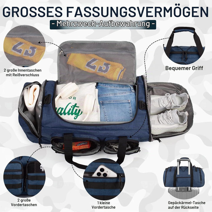 Taktische Sporttasche für Herren, 50L Grosse 3-in-1-Sport-Reisetasche mit Schuhfach, Wasserabweisend