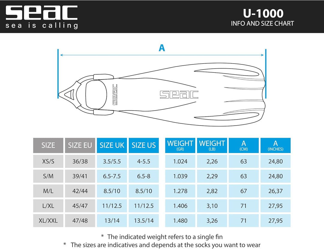 Seac Unisex – Erwachsene U-1000 Tauchflossen für den professionellen und Freizeitgebrauch M/L Schwar