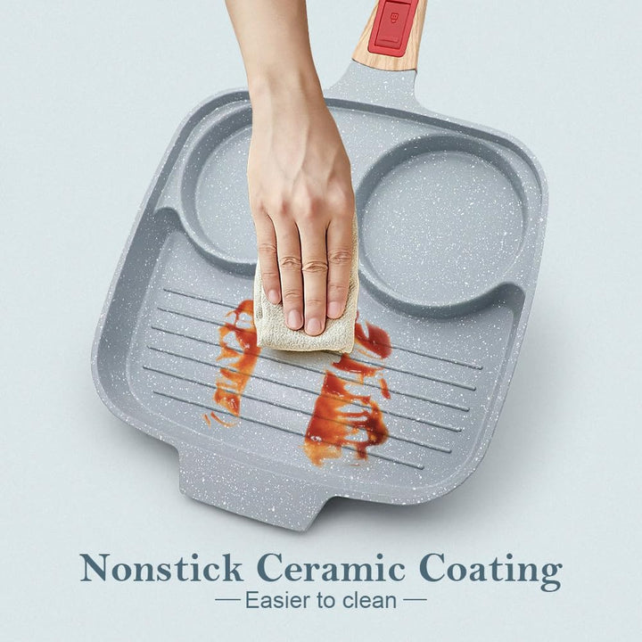 Spiegeleipfanne mit Deckel 3 Loch, 26cm Antihaft Keramikbeschichtung Grillpfanne Dreigeteilt Pancake