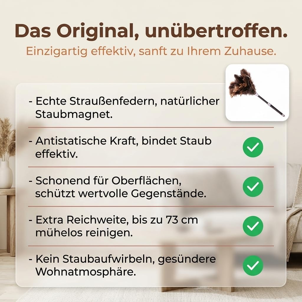 Strauss Staubwedel mit originalen Straussenfedern - Staubwischer mit Teleskopstiel für müheloses Sta