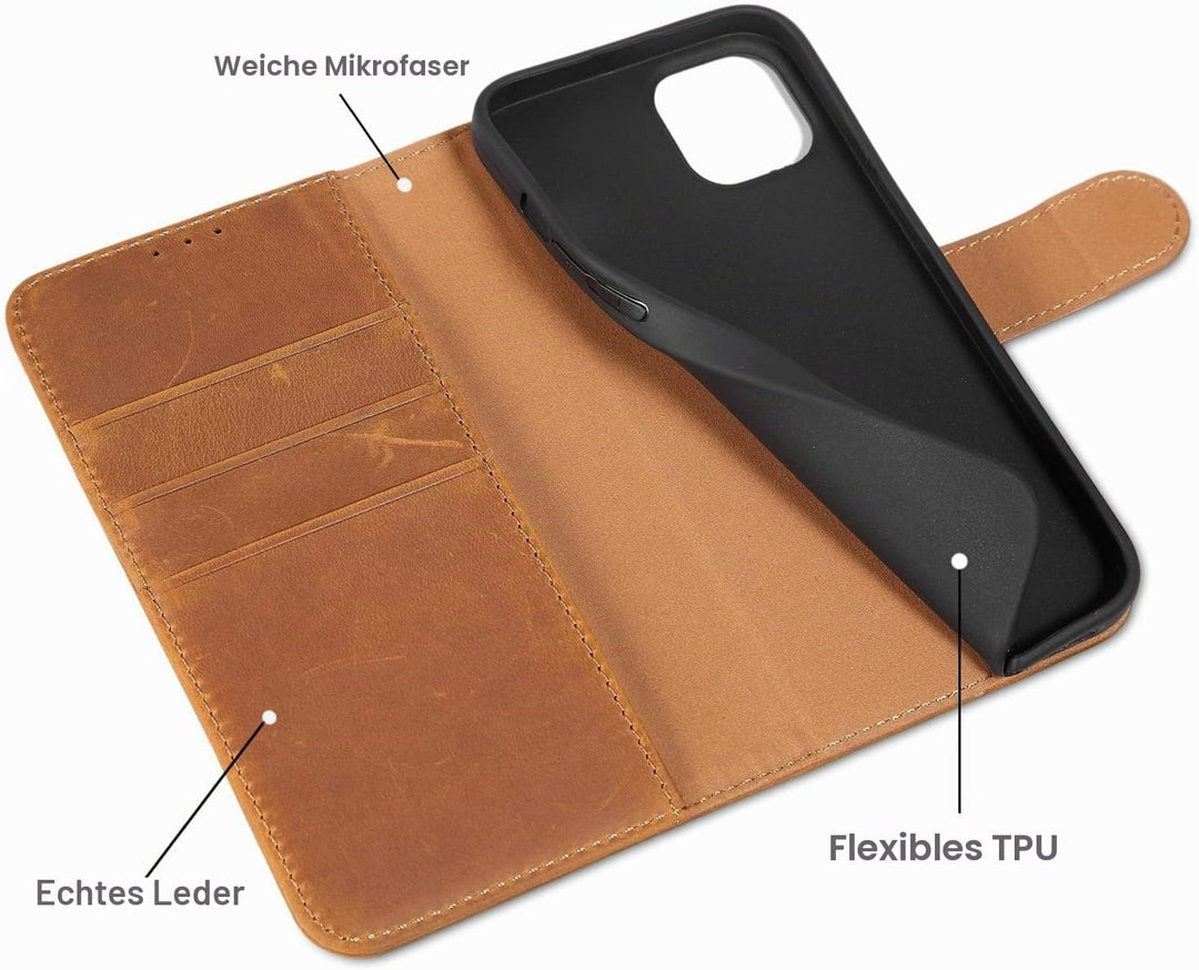 LENSUN Echtleder Hülle für iPhone 13 5G, Handyhülle [Echtes Leder][Magnetverschluss][RFID Schutz] Ha