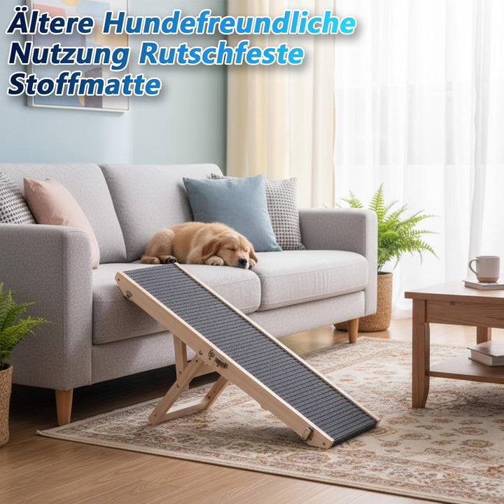 Hunderampe aus Holz, Hundetreppe 4 Stufen Verstellbar 24.5cm bis 45cm, Hunderampe mit Anti-Rutsch-Pa