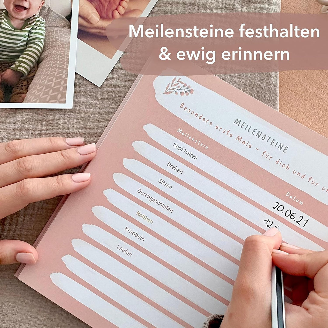 mintkind® Mein erstes Jahr Babyalbum Blumen rosa – zartes Babytagebuch mit 176 Seiten und Sticker-Se