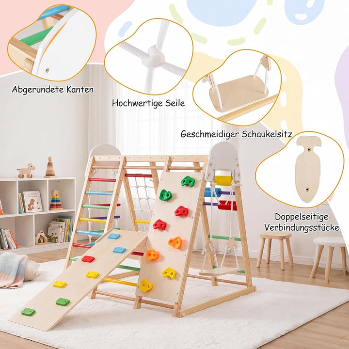COSTWAY 8 in 1 Indoor Klettergerüst aus Holz für Kinder ab 3 Jahren (Bunt) | Klappbares Kletterspiel