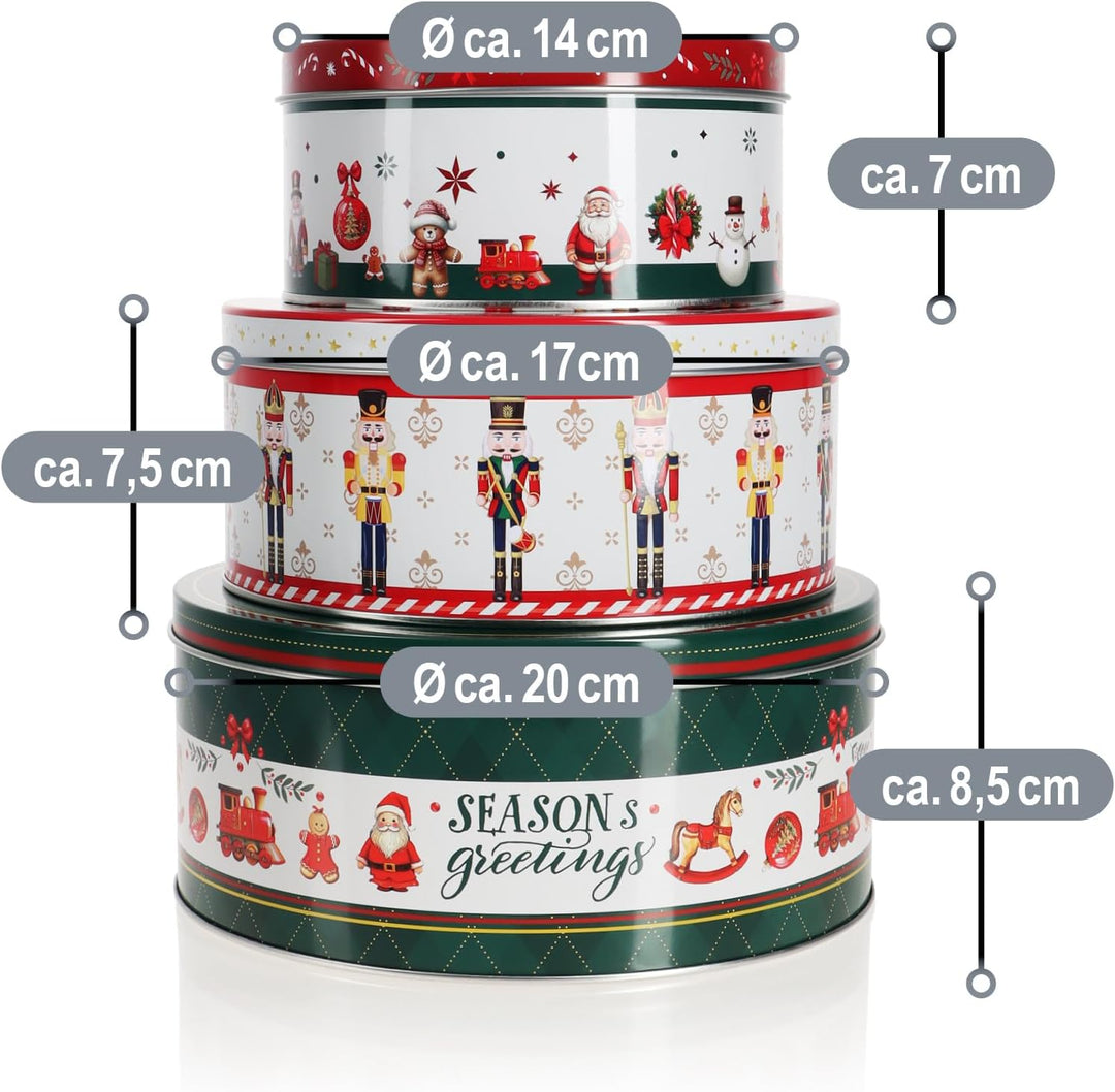 com-four® 3x Vorratsdosen aus Metall - ineinander stapelbare Keksdosen mit Adventskranz, Nussknacker