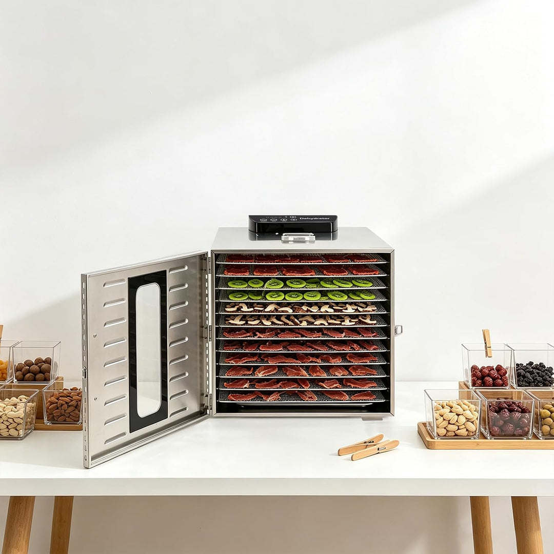 Lebensmittel-Dörrgerät 12 Edelstahl-Etagen, Dörrautomat für Obst &amp; Fleisch | 40×46×40 cm, 360° Heiss