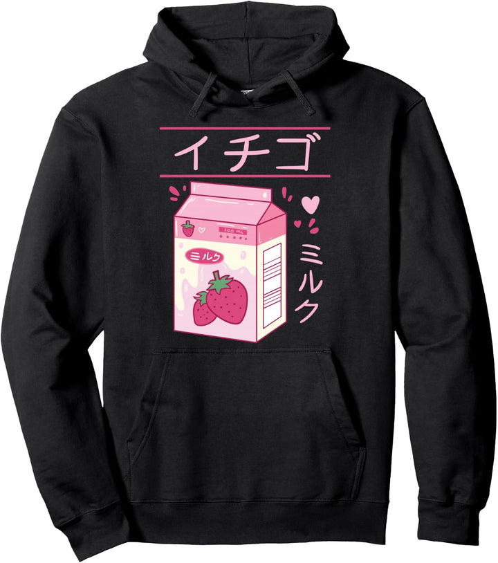 Japanische Erdbeer Milch Getränk Kawaii Kanji Retro Manga Pullover Hoodie