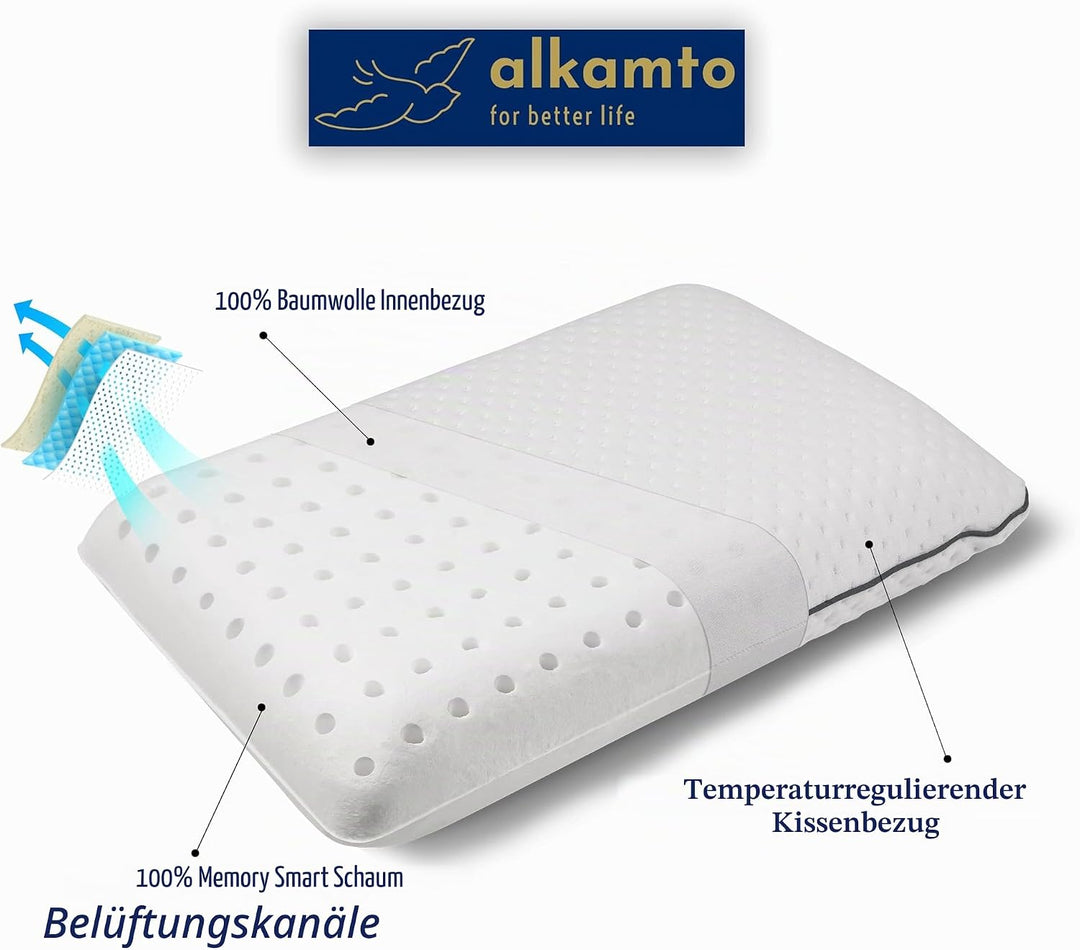 alkamto Reisekissen – Campingkissen – Ergonomisches Memory-Schaum-Kissen mit Temperaturregulierendem
