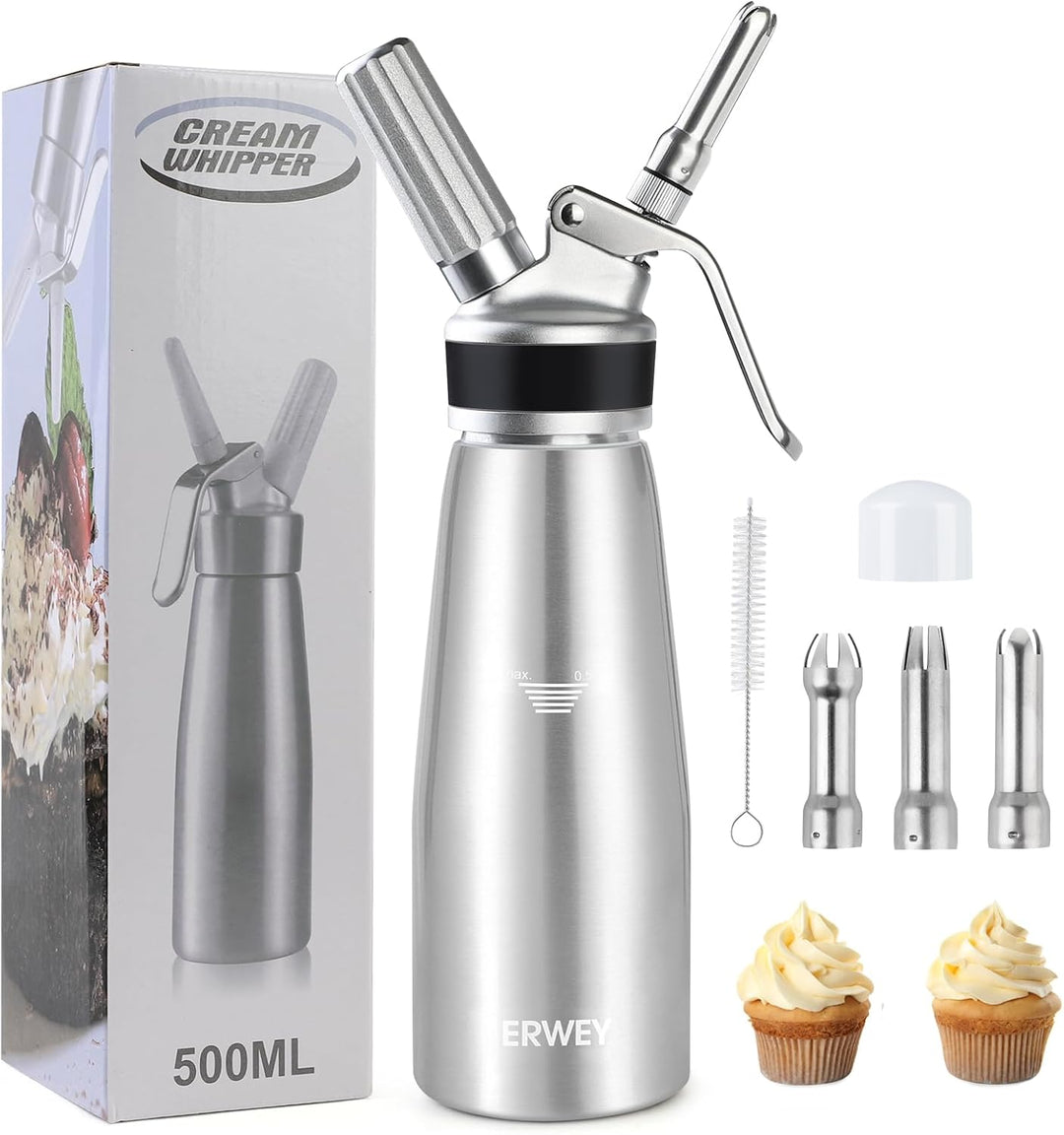 ERWEY Sahnespender 500ML, Sahnesyphon Aluminium, Sahnesprüher Auslaufsicherer Einfach Reinigen mit 3