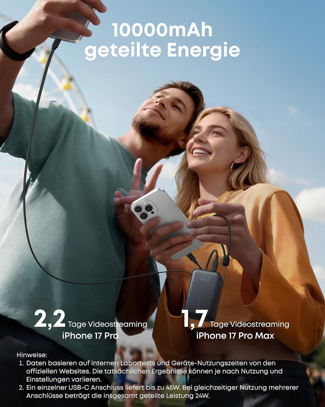 Anker Nano Powerbank,10.000mAh Externer Akku mit 70cm Anker InstaCord Einzugskabel, 45W Max Kompakte