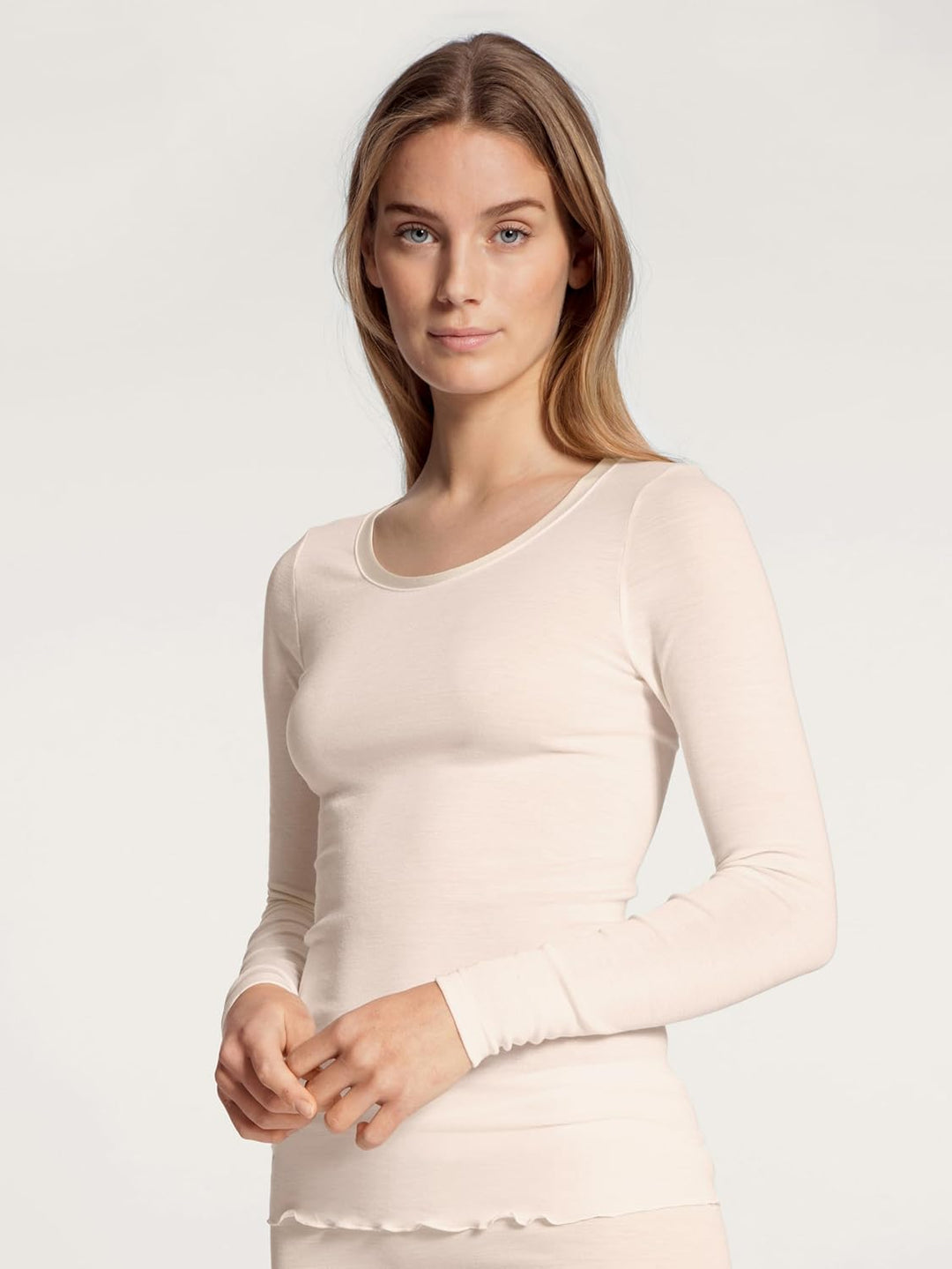 CALIDA True Confidence Langarmshirt Damen, aus Wolle-Seide, Feinripp, temperaturausgleichend und ger