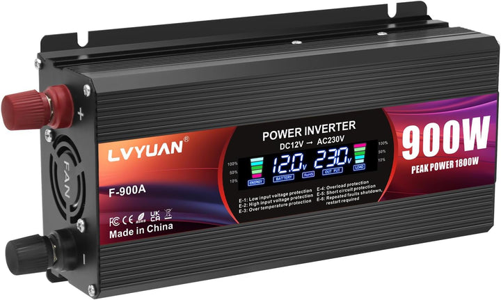 LVYUAN Wechselrichter 12V 230V 900W Spannungswandler Stromumwandler mit EU Steckdosen, 2 USB, Alliga
