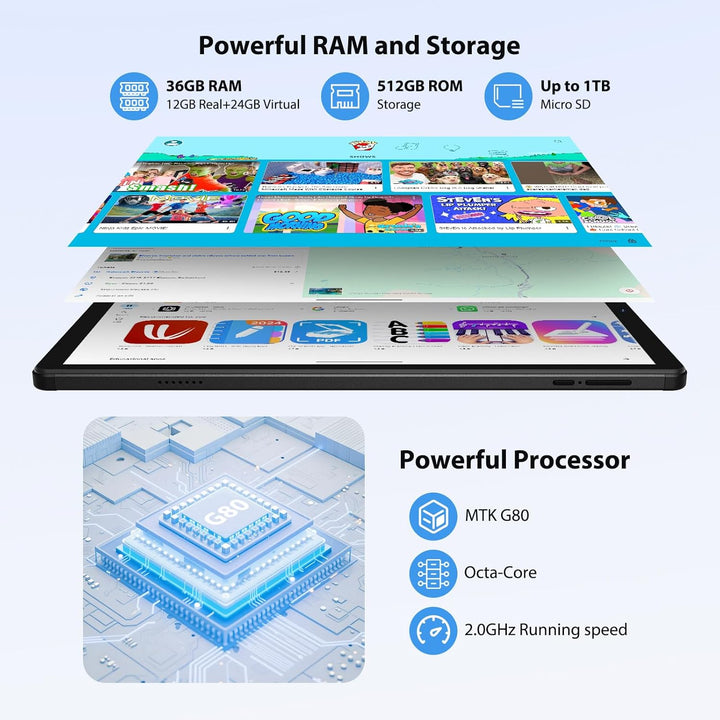 2K 10.6 Zoll Android 15 Tablet, 4G LTE+5G WiFi, 36GB RAM+512GB ROM (2TB TF), Octa-Core, 2000 * 1200F