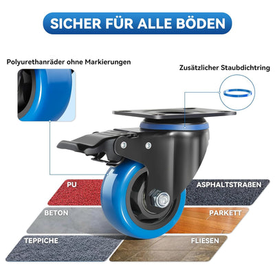 BAOLIHUI 75mm Blaue Lenkrollen 4pcs-Set Möbelrollen bis 500KG, 360° Drehung Schwerlastrollen mit Bre