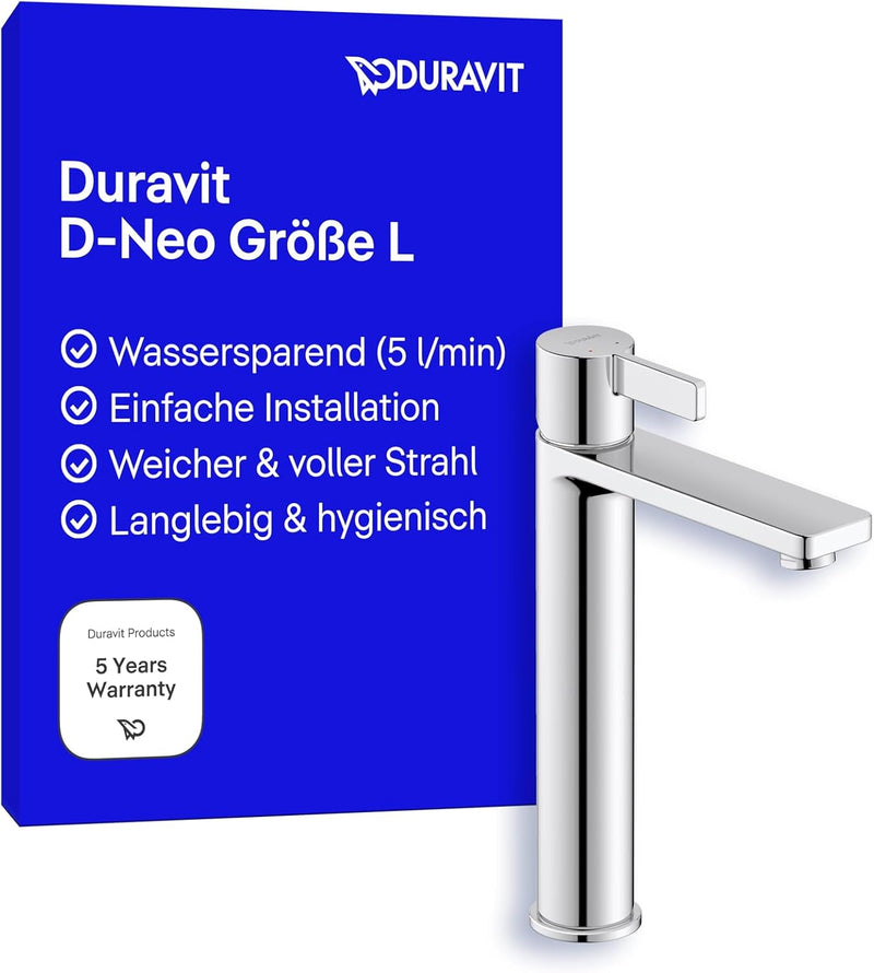 Duravit D-Neo Waschtischarmatur, Grösse L (Auslauf Höhe 206 mm). Wasserhahn Bad in Chrom L ohne Zugs