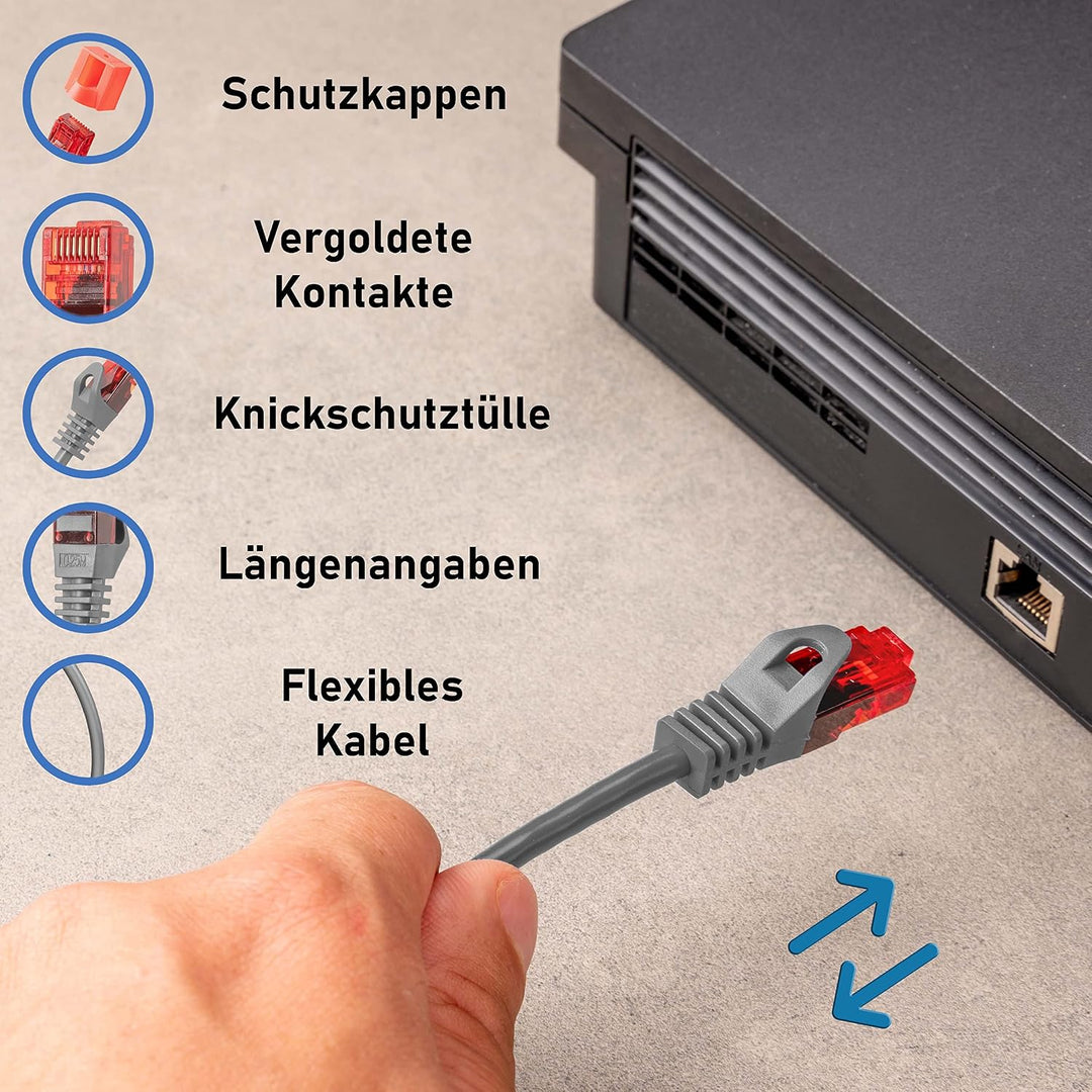 BIGtec - 5 Stück - 50m Gigabit Netzwerkkabel Patchkabel Ethernet LAN DSL Patch Kabel grau (2x RJ-45