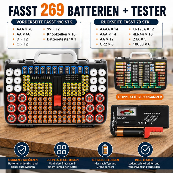 Batterie-Organizer-Aufbewahrungshalterung mit doppelseitiger Halterung, Schwarz