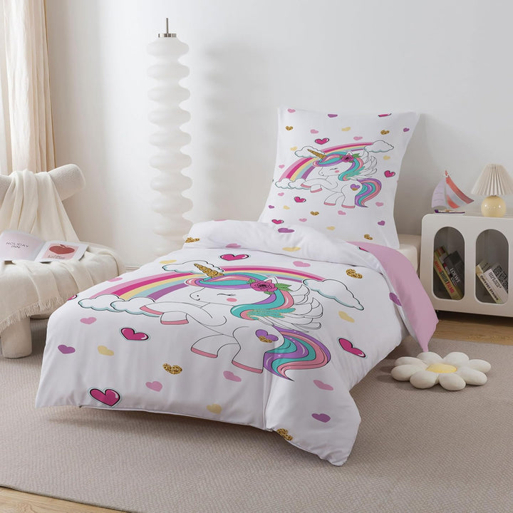 DJDEA Cartoon Bettwäsche 135 x 200 cm Kinder Weich Mikrofaser, Regenbogen Einhorn Motiv Bettwäsche-S