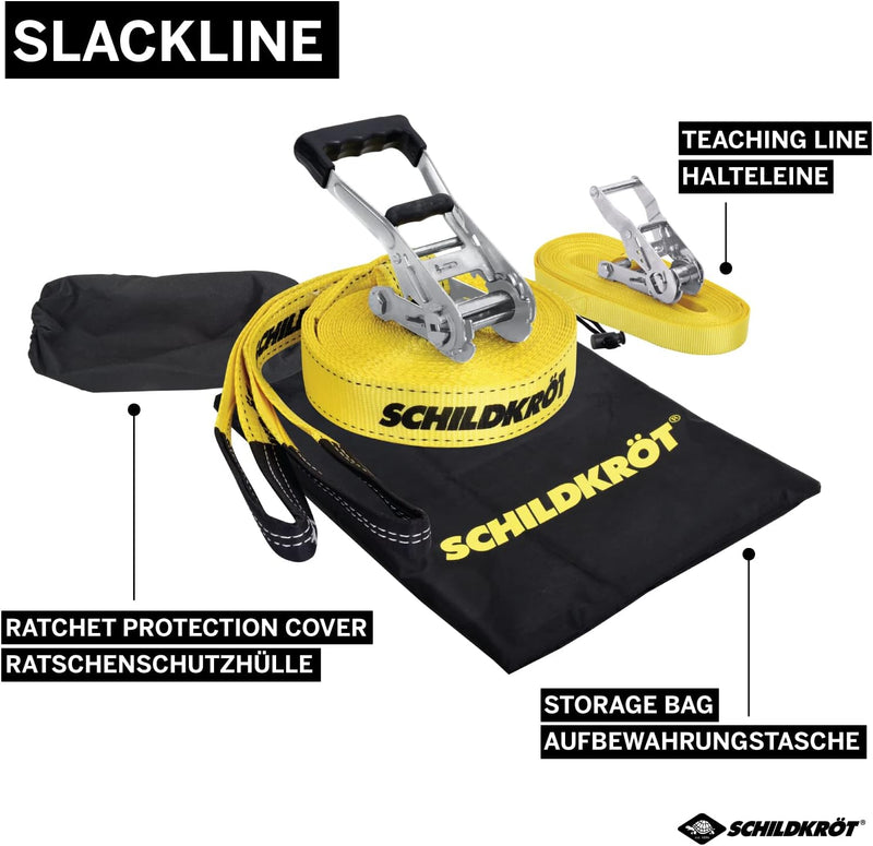 Schildkröt® Slackline 15m, zusätzlich mit Teaching Line, Hilfsline für Anfänger, robuste 5cm breite