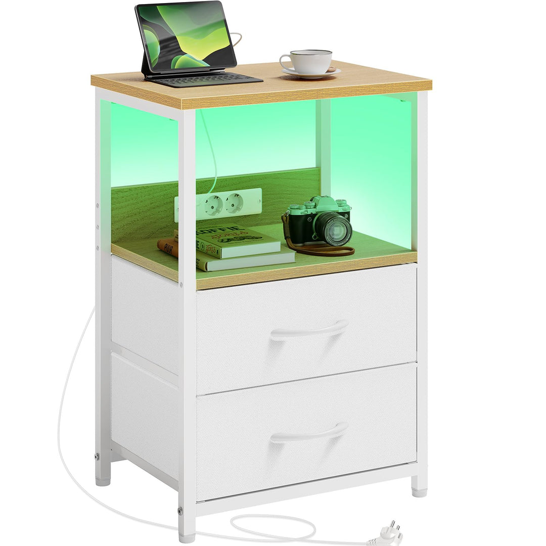 Rolanstar Nachttisch mit Ladefunktion, Beistelltisch mit LED-Leuchten, 2 Stoffschubladen & 3-stufige