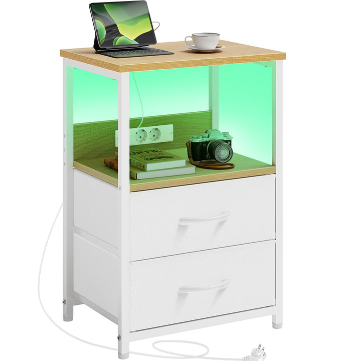Rolanstar Nachttisch mit Ladefunktion, Beistelltisch mit LED-Leuchten, 2 Stoffschubladen & 3-stufige