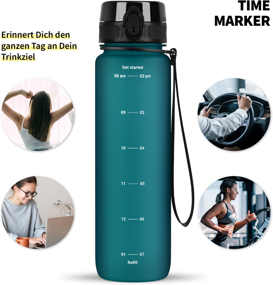 720°DGREE Trinkflasche 1l mit Motivationsskala “uberBottle“ +Sieb - BPA-Frei - Wasserflasche für Uni