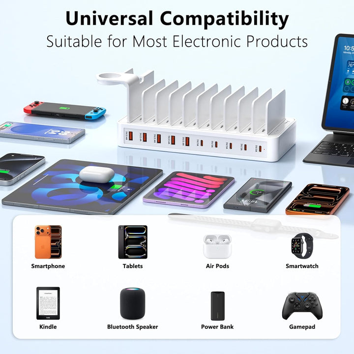 Ladestation Mehrere Geräte, USB C ladestation 100W, 10 Ports USB-Schnellladegerät Mit Uhrenhalterung