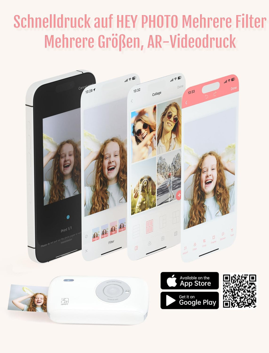 HPRT Mini Fotodrucker für Smartphone(5x7,6cm), drahtloser Bild-Drucker für Smartphone,tragbarer Foto