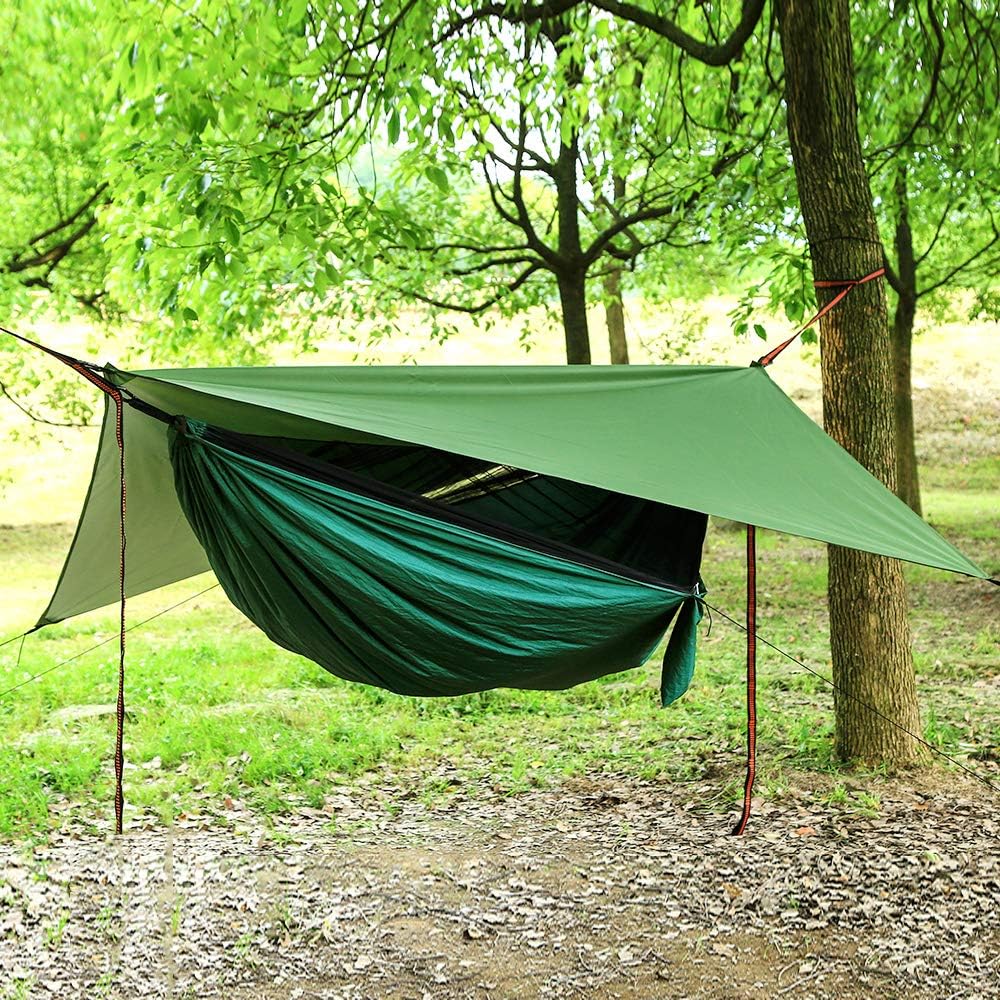 Camping Hängematten Set, Einzel Doppel Hängematte, Moskitonetz, Insektennetz, Regenfliege, hochfeste