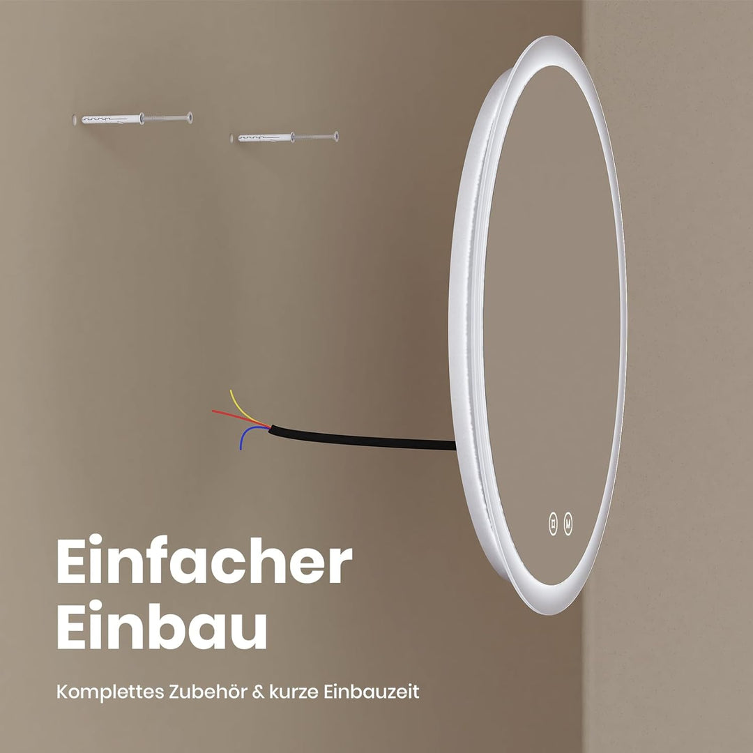 EMKE Badspiegel mit Beleuchtung Rund 50cm LED Spiegel mit Beleuchtung Dimmbar 3 Lichtfarben, Beschla