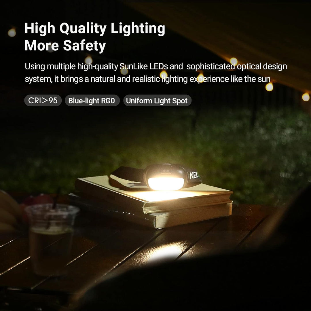 NEXTORCH LED-Stirnlampe, wiederaufladbar, 450 Lumen, weiss, rot, kompakt, leicht, für Outdoor, Campi