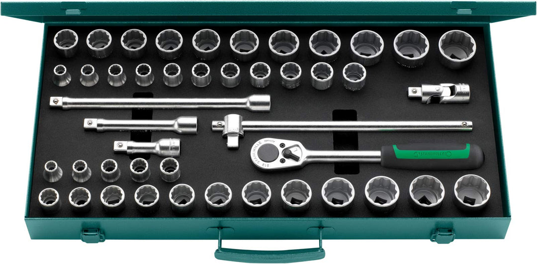 Stahlwille Steckschlüssel-Garnitur 45-teilig (1/2“, Werkzeug-Set mit Stahlblechkasten, Steckschlüsse